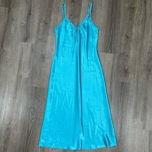California Dynasty Vintage Slip Dress Nightgown Satin Tie Lace Blue Teal Medium